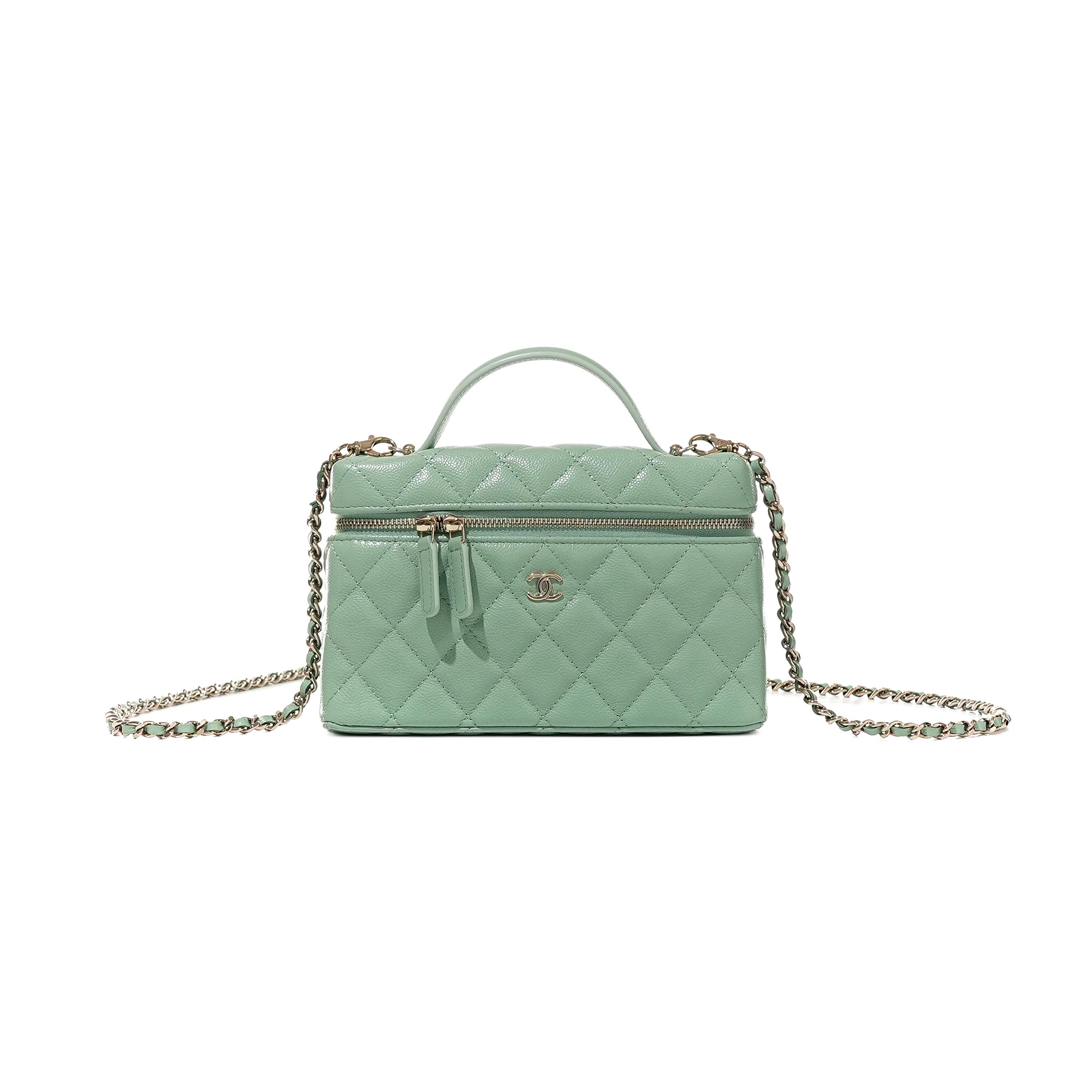 CHANEL GREEN QUILTED CAVIAR TOP HANDLE LONG VANITY WITH CHAIN PALE GOLD HARDWARE (19.5*17*5cm)